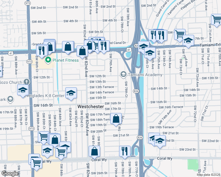 map of restaurants, bars, coffee shops, grocery stores, and more near 7950 Southwest 14th Terrace in Miami