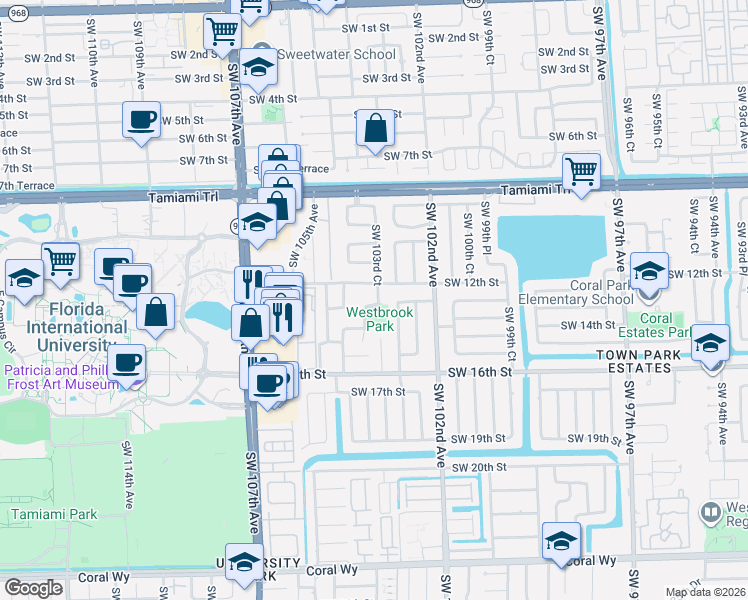 map of restaurants, bars, coffee shops, grocery stores, and more near 1320 Southwest 102nd Place in Miami
