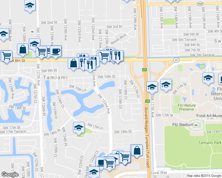 map of restaurants, bars, coffee shops, grocery stores, and more near 1101 Southwest 122nd Avenue in Miami