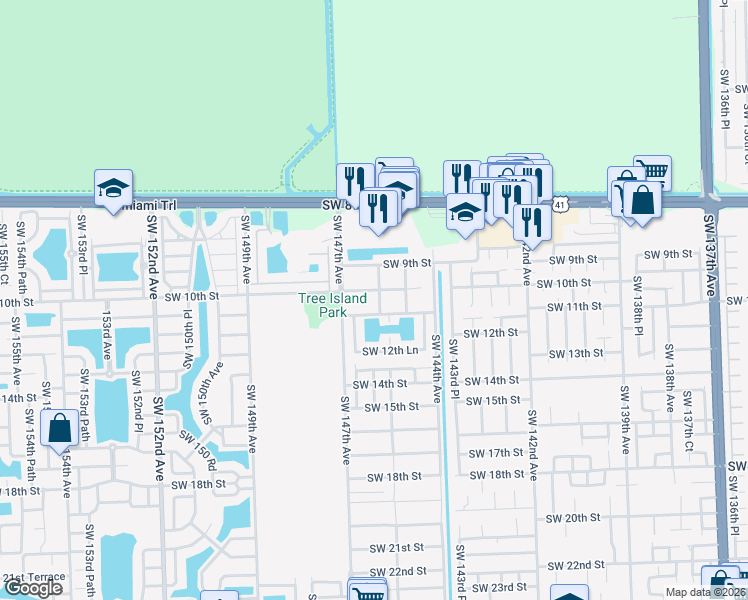 map of restaurants, bars, coffee shops, grocery stores, and more near 14533 Southwest 11th Street in Miami