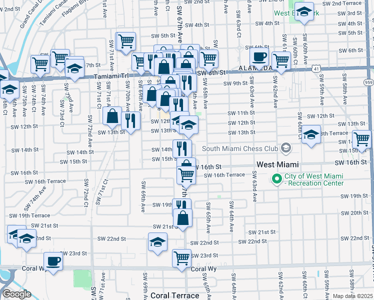 map of restaurants, bars, coffee shops, grocery stores, and more near 1411 Southwest 67th Avenue in Miami