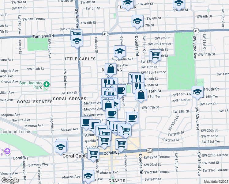 map of restaurants, bars, coffee shops, grocery stores, and more near 110 Zamora Avenue in Coral Gables