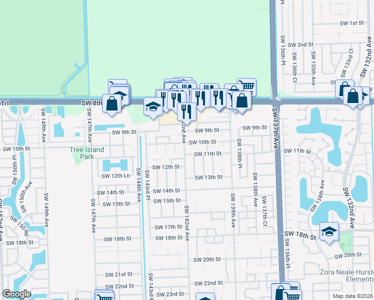 map of restaurants, bars, coffee shops, grocery stores, and more near 1148 Southwest 141st Avenue in Miami