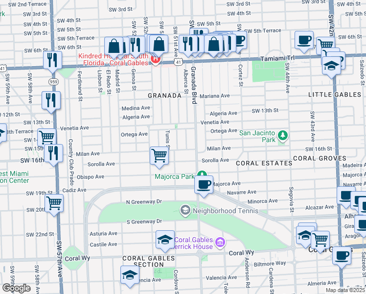 map of restaurants, bars, coffee shops, grocery stores, and more near 1417 Cordova Street in Coral Gables