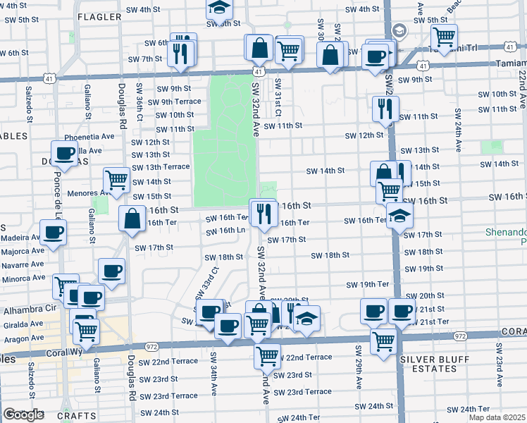 map of restaurants, bars, coffee shops, grocery stores, and more near 1415 SW 32nd Ave in Miami