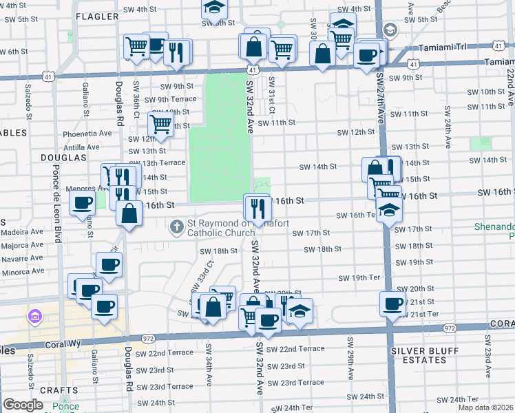 map of restaurants, bars, coffee shops, grocery stores, and more near 1415 SW 32nd Ave in Miami