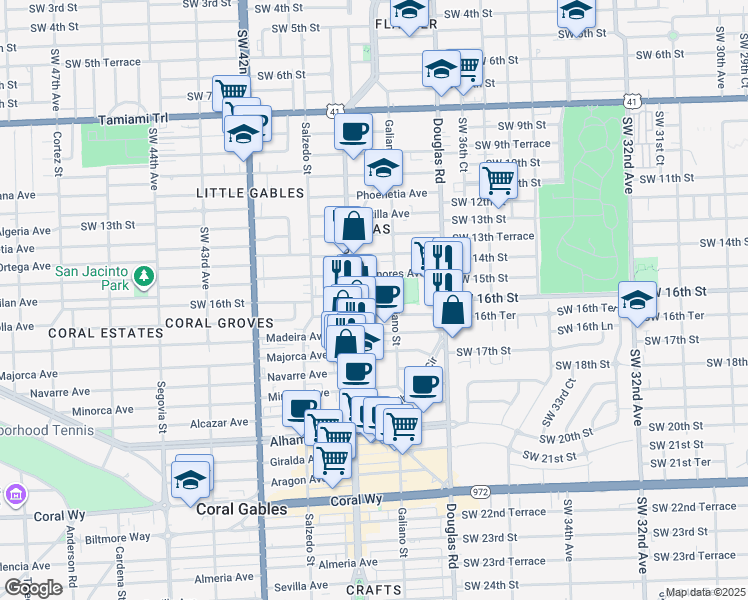 map of restaurants, bars, coffee shops, grocery stores, and more near 114 Menores Avenue in Coral Gables