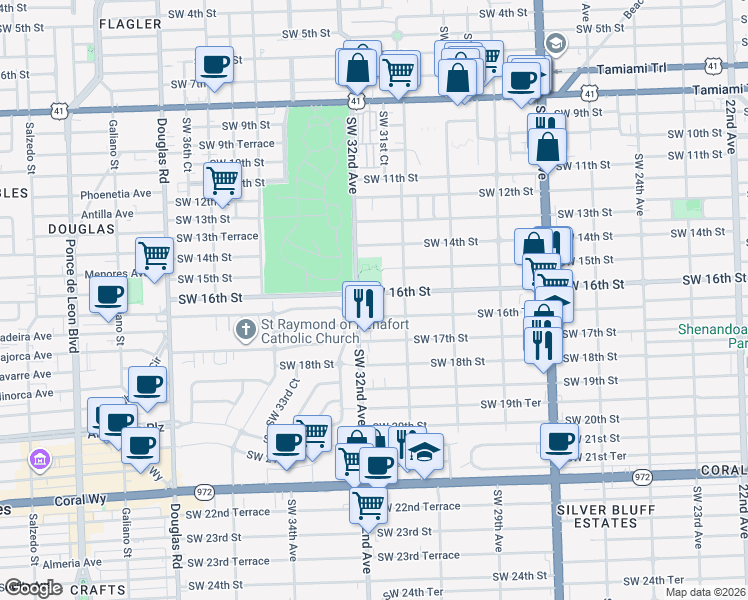 map of restaurants, bars, coffee shops, grocery stores, and more near 3149 Southwest 16th Street in Miami