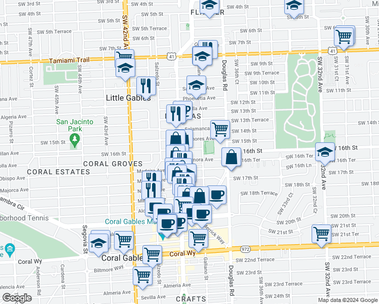 map of restaurants, bars, coffee shops, grocery stores, and more near 126 Mendoza Avenue in Coral Gables