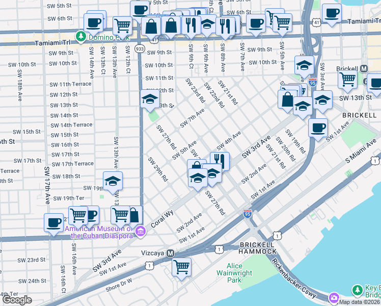 map of restaurants, bars, coffee shops, grocery stores, and more near 470 Southwest 25th Road in Miami