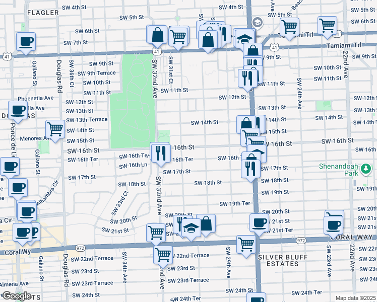 map of restaurants, bars, coffee shops, grocery stores, and more near 3059 Southwest 16th Street in Miami