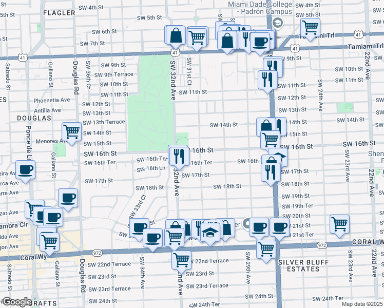 map of restaurants, bars, coffee shops, grocery stores, and more near 3149 Southwest 16th Street in Miami