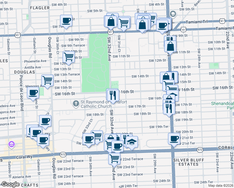 map of restaurants, bars, coffee shops, grocery stores, and more near 3149 Southwest 16th Street in Miami
