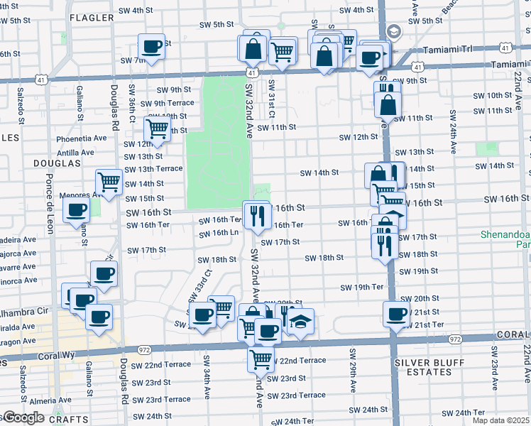 map of restaurants, bars, coffee shops, grocery stores, and more near 3149 Southwest 16th Street in Miami
