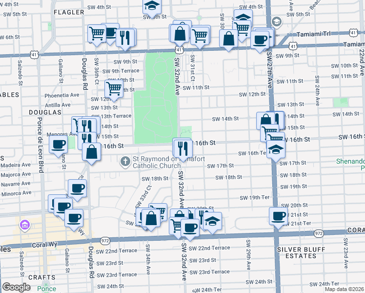 map of restaurants, bars, coffee shops, grocery stores, and more near 1415 SW 32nd Ave in Miami