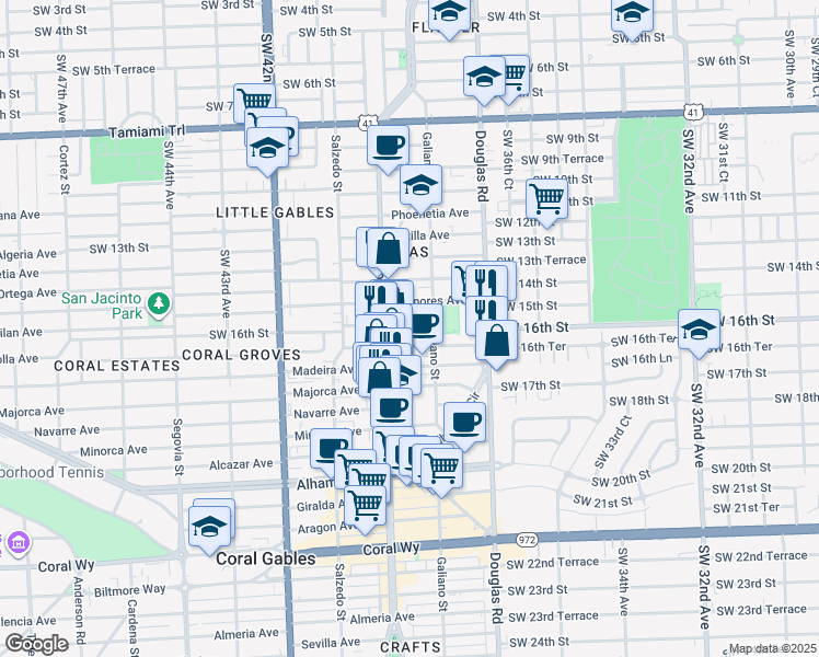 map of restaurants, bars, coffee shops, grocery stores, and more near 114 Menores Avenue in Coral Gables