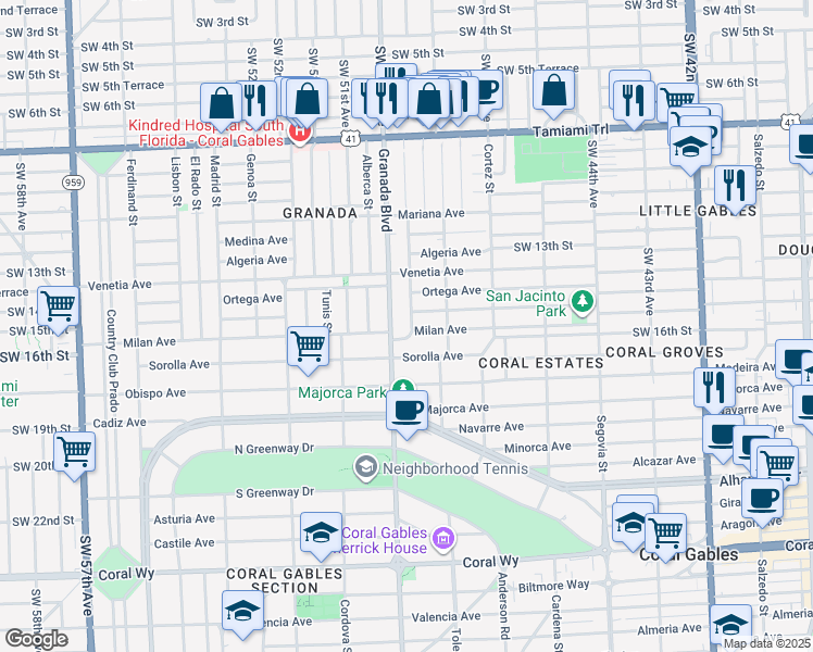 map of restaurants, bars, coffee shops, grocery stores, and more near 921 Messina Avenue in Coral Gables