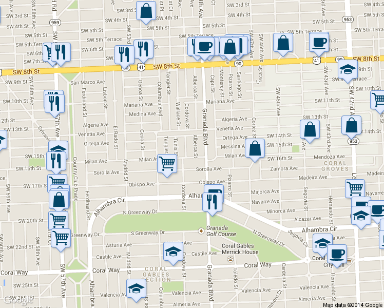 map of restaurants, bars, coffee shops, grocery stores, and more near 1417 Cordova Street in Coral Gables
