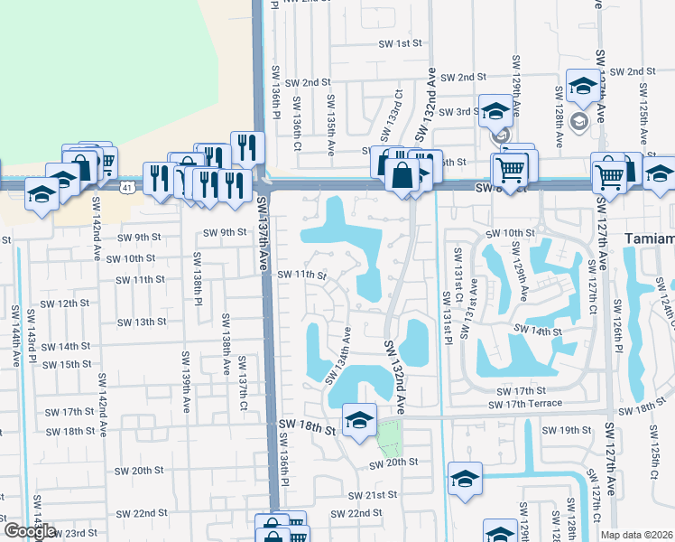map of restaurants, bars, coffee shops, grocery stores, and more near 1071 Southwest 135th Place in Miami