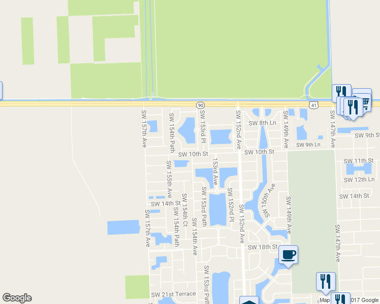 map of restaurants, bars, coffee shops, grocery stores, and more near 15403 Southwest 9th Way in Miami