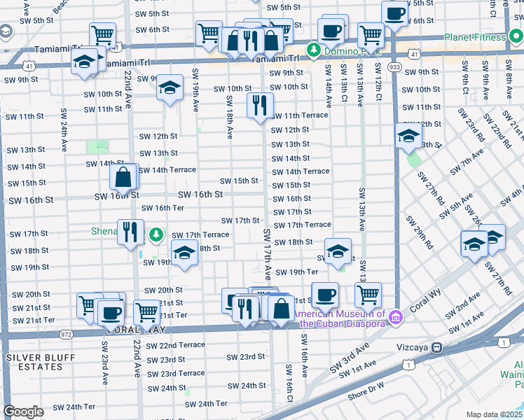 map of restaurants, bars, coffee shops, grocery stores, and more near 1724 Southwest 16th Street in Miami