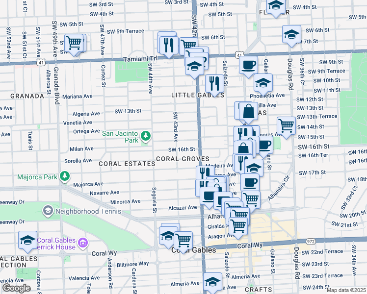 map of restaurants, bars, coffee shops, grocery stores, and more near 473 Mendoza Avenue in Miami