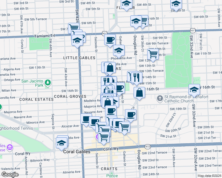 map of restaurants, bars, coffee shops, grocery stores, and more near 1500 Ponce de Leon in Coral Gables