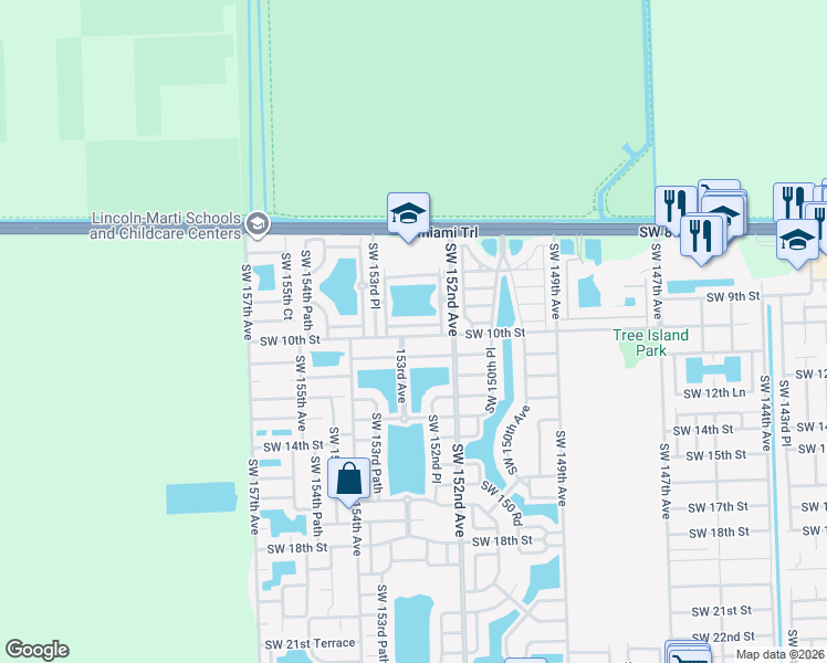 map of restaurants, bars, coffee shops, grocery stores, and more near 15272 Southwest 9th Way in Miami