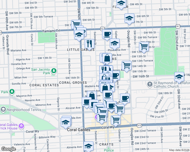 map of restaurants, bars, coffee shops, grocery stores, and more near 1520 Salzedo Street in Coral Gables