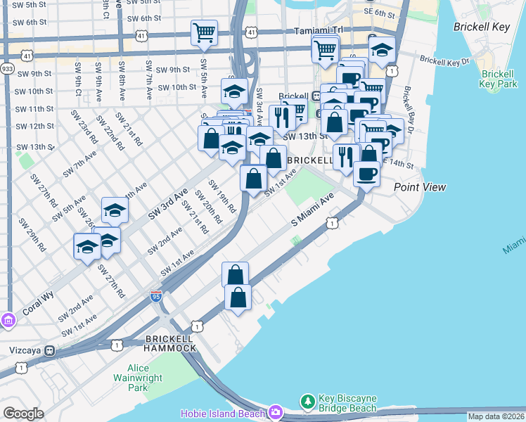 map of restaurants, bars, coffee shops, grocery stores, and more near 1800 Southwest 1st Avenue in Miami