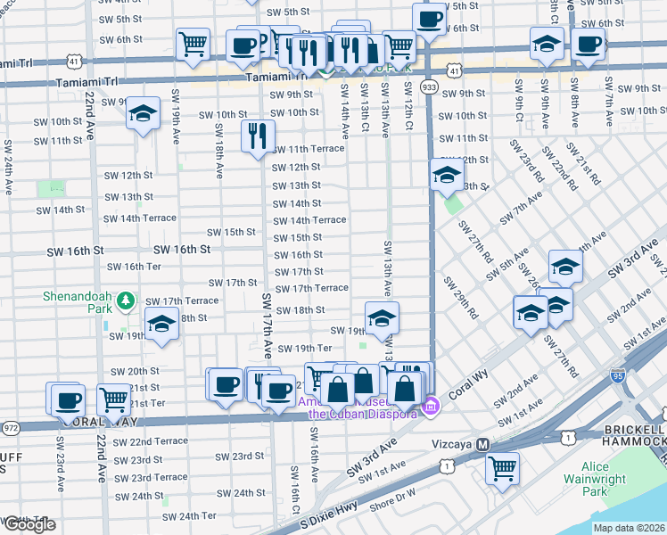 map of restaurants, bars, coffee shops, grocery stores, and more near 1410 Southwest 16th Street in Miami