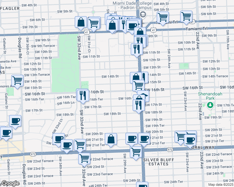 map of restaurants, bars, coffee shops, grocery stores, and more near 1535 Southwest 30th Avenue in Miami