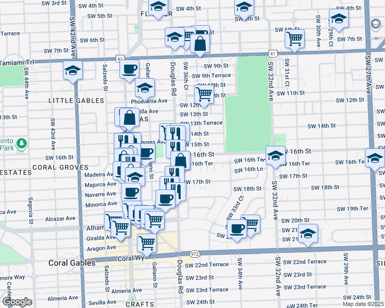 map of restaurants, bars, coffee shops, grocery stores, and more near 1500 Southwest 36th Avenue in Miami