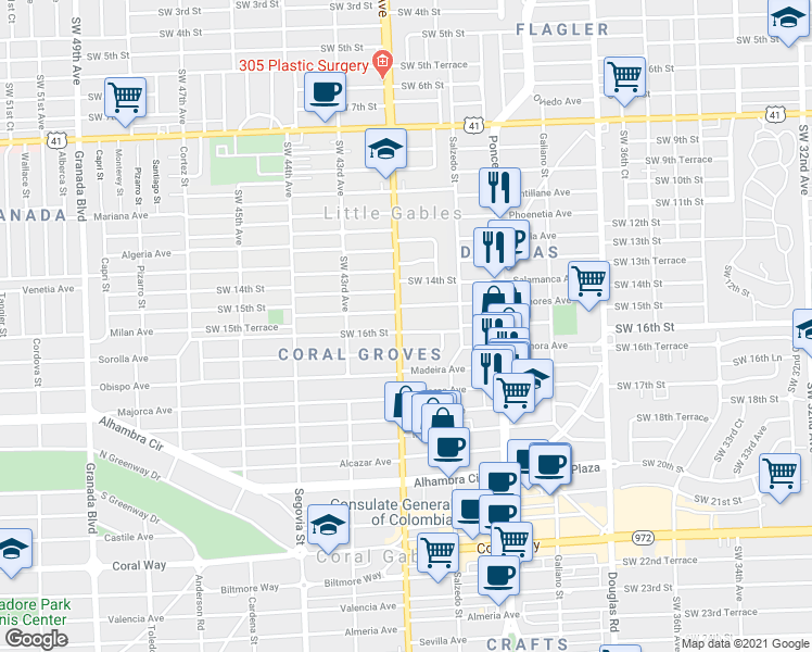 map of restaurants, bars, coffee shops, grocery stores, and more near 350 Menores Avenue in Miami