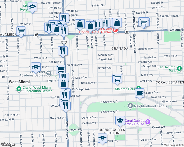 map of restaurants, bars, coffee shops, grocery stores, and more near 1400 El Rado Street in Coral Gables