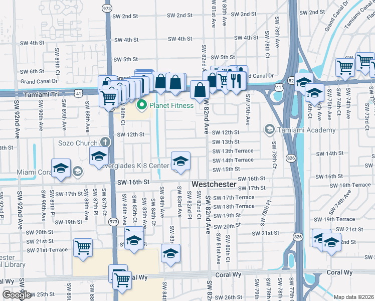 map of restaurants, bars, coffee shops, grocery stores, and more near 8260 Southwest 12th Terrace in Miami
