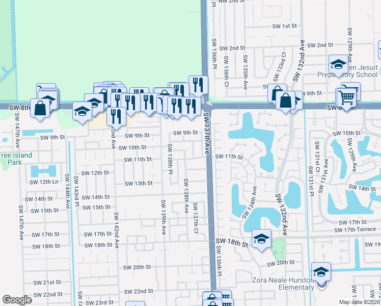 map of restaurants, bars, coffee shops, grocery stores, and more near 1003 Southwest 137th Place in Miami