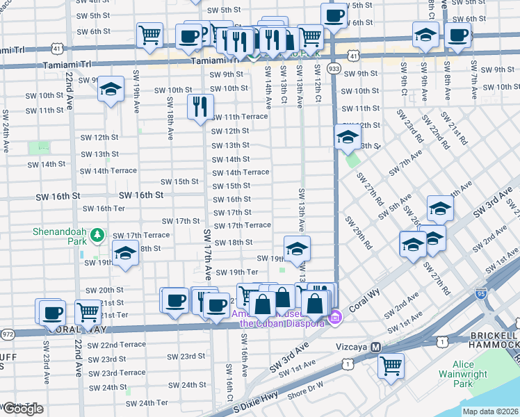 map of restaurants, bars, coffee shops, grocery stores, and more near 1410 Southwest 16th Street in Miami