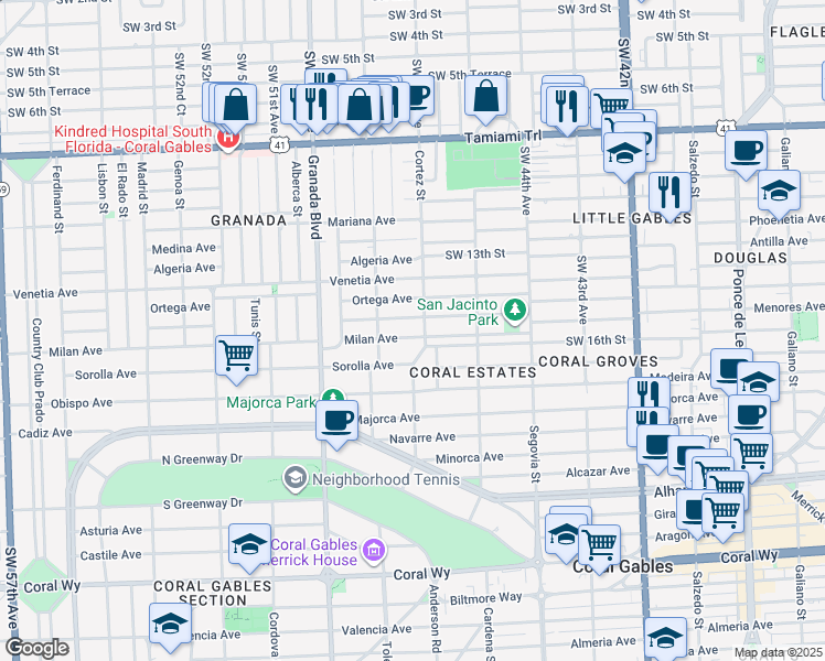 map of restaurants, bars, coffee shops, grocery stores, and more near 809 Milan Avenue in Coral Gables