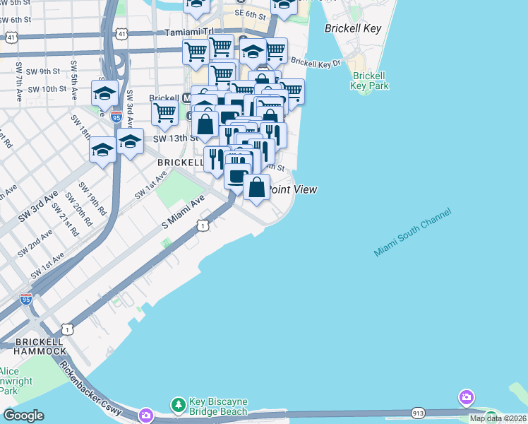 map of restaurants, bars, coffee shops, grocery stores, and more near 1450 Brickell Bay Drive in Miami