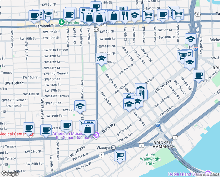 map of restaurants, bars, coffee shops, grocery stores, and more near 2735 Southwest 7th Avenue in Miami