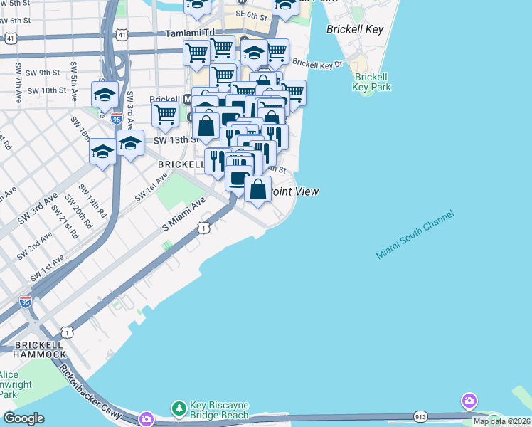 map of restaurants, bars, coffee shops, grocery stores, and more near 1450 Brickell Bay Drive in Miami