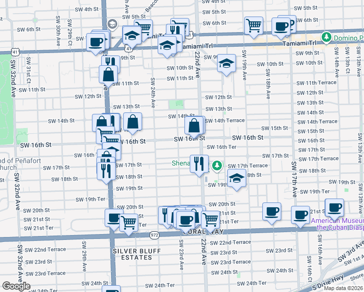 map of restaurants, bars, coffee shops, grocery stores, and more near 2280 Southwest 16th Street in Miami