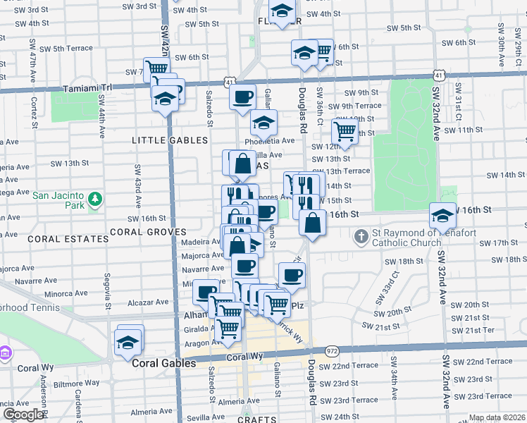 map of restaurants, bars, coffee shops, grocery stores, and more near 114 Menores Avenue in Coral Gables