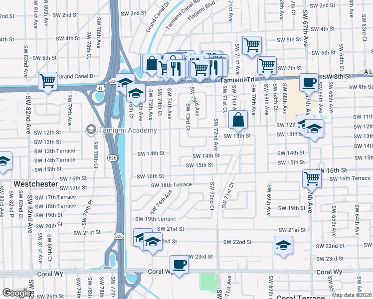 map of restaurants, bars, coffee shops, grocery stores, and more near 7331 Southwest 13th Terrace in Miami