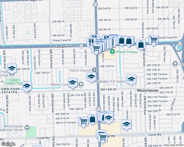 map of restaurants, bars, coffee shops, grocery stores, and more near 8746 Southwest 12th Street in Miami