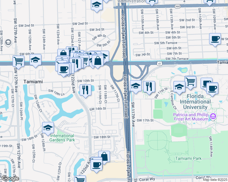 map of restaurants, bars, coffee shops, grocery stores, and more near 1061 Southwest 117th Court in Miami