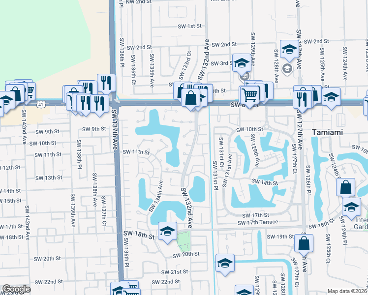 map of restaurants, bars, coffee shops, grocery stores, and more near 13215 Southwest 10th Terrace in Miami