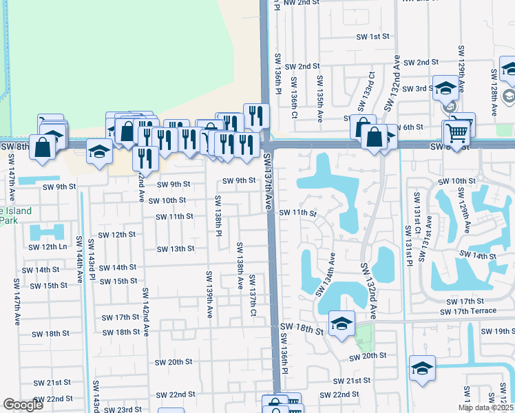 map of restaurants, bars, coffee shops, grocery stores, and more near 1003 Southwest 137th Place in Miami