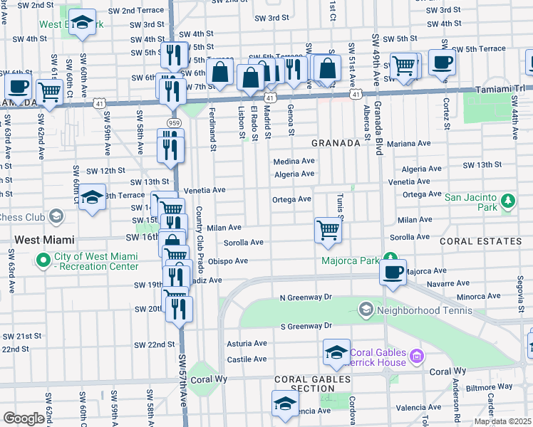 map of restaurants, bars, coffee shops, grocery stores, and more near 1400 El Rado Street in Coral Gables